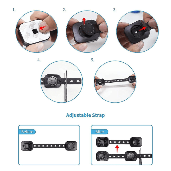 Børnesikkerhedslås, pakke med 6 justerbare låse med 3M-klæbemiddel, til skabe, ingen boring påkrævet - sort