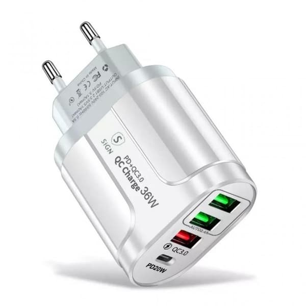 SiGN Snabbladdare USB-C & 3xUSB-A, PD & Q.C 3.0, 36W - Vit Vit white