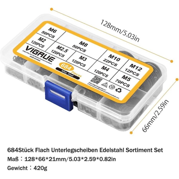 684 flate skiver 9 størrelser M2 -m12 rustfritt stål flate og låseskiver assortert sett med flat kasseboks, svart