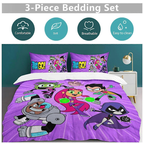 x398 Teen Titans Go 3-osainen vuodevaatesetti Lämmin ja mukava pehmeä pussilakanasetti, jossa 1 pussilakana ja 2 tyynyliinaa makuuhuoneeseen b398 200x200cm 78x78in