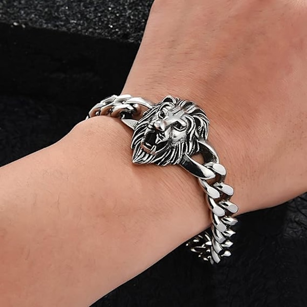 Løvehoved armbånd til mænd titanium stål sølv tyk cubansk kæde link punk rock cool hip hop mode armbånd smykker gave til søn mand