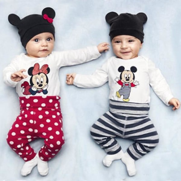 Nyfödd bebis kläder Mickey Minnie Mouse Outfit Spädbarn Romper Byxor Mössa Set Red 0-6 Months