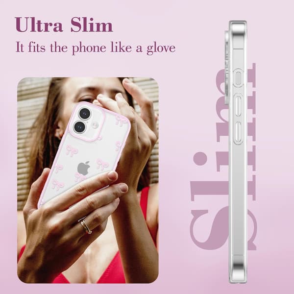 Case for iPhone 16, Transparent Cute Bow Pattern Aesthetic Clear Phone Case Raised Camera Protection for Girls - Pink iPhone 16