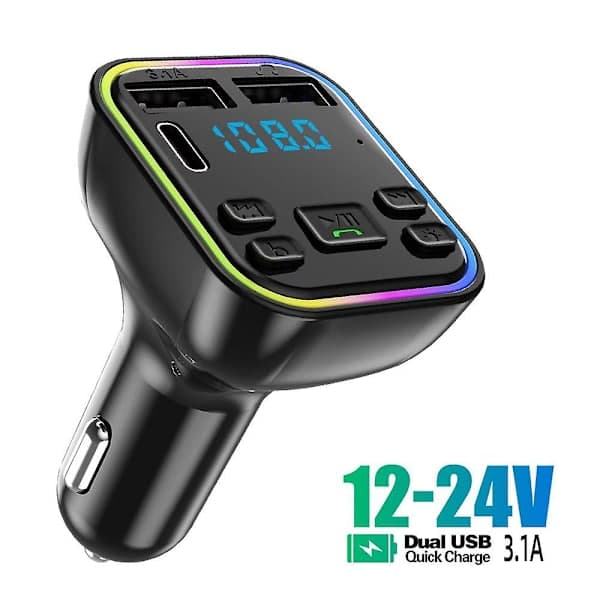 Bil Bluetooth 5.0 FM-sender PD Type-C Dobbelt USB 3.1A Hurtigoplader Farverig Stemningsbelysning Håndfri MP3 Modulatorafspiller