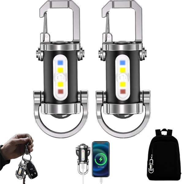 2-pack Rechargeable Keychain Flashlight & Phone Charger, 1200LM Strong 7 Modes Water Resistant 2PCS