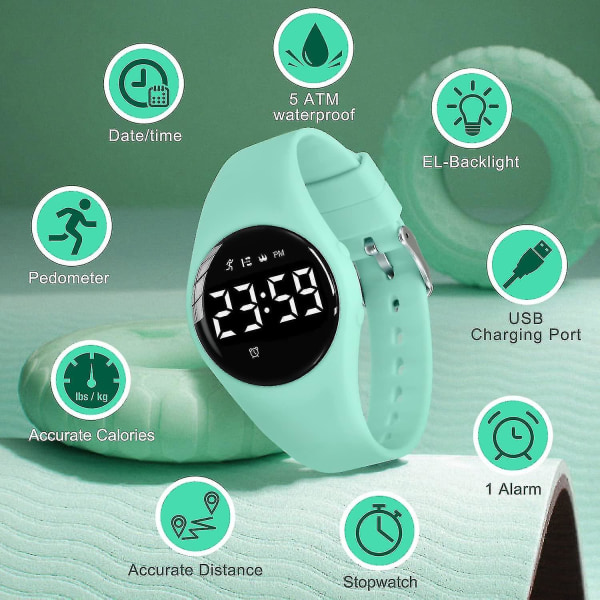 Barnklocka, tonårspojke klocka digital sport fitness tracker, med alarm/kronograf/vattentät för pojke flicka present 5-16 år gammal (ljusgrön)