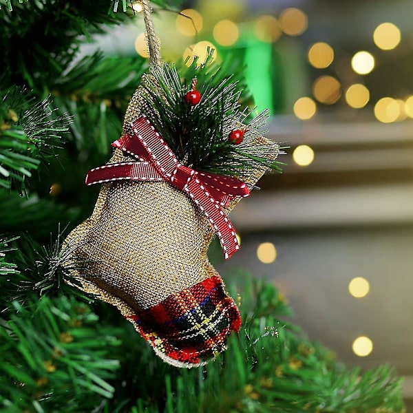 Julepynt Træpynt, 8 stk. Rød Sort Buffalo Check Plaid Syning Burlap Hængende Ornamenter, Træ Kugle Klokke Strømpeformet Hængende De