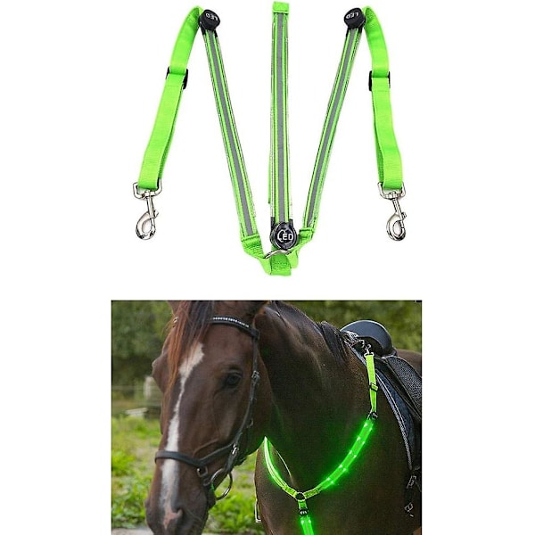Hevosen valjaat, Led-rintaremmillä varustetut hevosvaljaat, säädettävät, USB-ladattavat, vedenpitävät Green