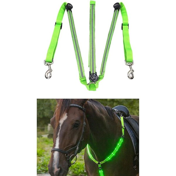 Led hästsele, led bröstrem hästsele, justerbar USB uppladdningsbara hästar ljuskrage vattentät Green