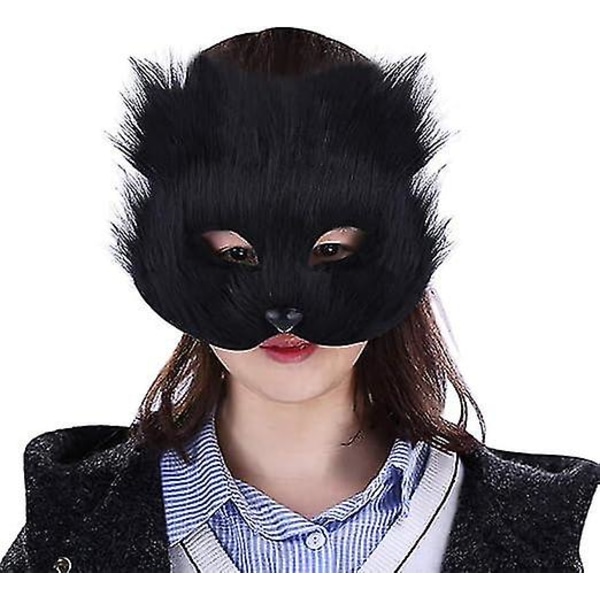 Plysj katt revemaske, Therian masker, realistiske kattmasker, halv ansiktsdyremaske, lodne festkattmaske maskeballmaske, cosplaykostyme Black