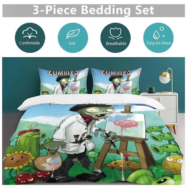 v1406 Plants Vs Zombies Täcke Set Tjockt Mjukt 3-delars Sängklädesset Året Runt Täcke med 2 Örngott för Vuxna Kvinnor Flickor Tonåringar Hemrum De 135x200cm 53x78in
