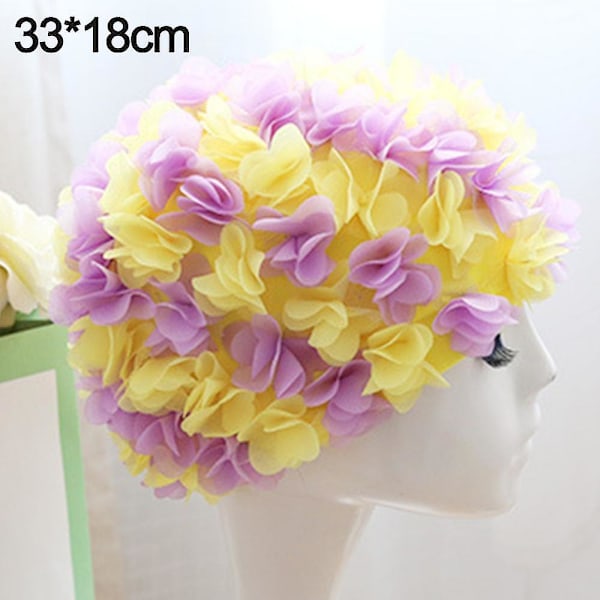 Komfortabel og pustende badehette for kvinner med langt hår, blomsterbadehette, tredimensjonal kronbladsbadehette Yellow purple