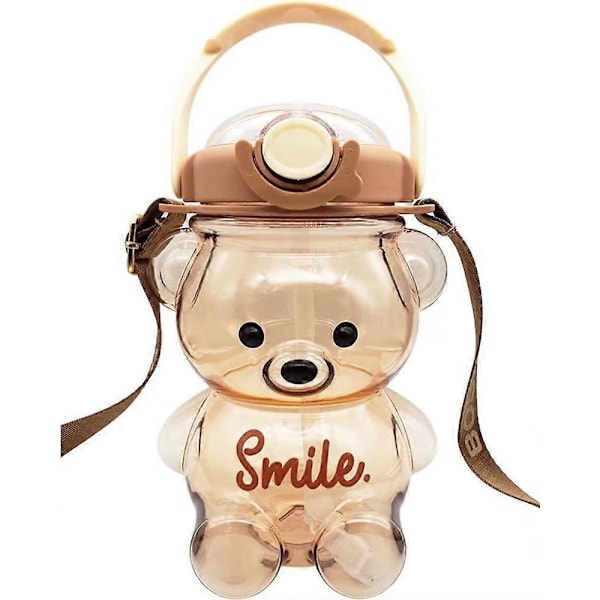 Søte Vannflasker med Sugerør, 3D Søte Klistremerker og Justerbar Stropp, Kawaii Bjørn Vannflaske for Barn Kvinner Jenter Brown 45 oz