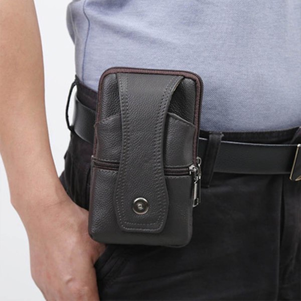 Lær midjeveske hofte Fanny Pack Reiseveske Mobiltelefonlomme for menn Deep Coffee Hook Up