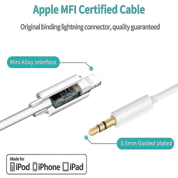 Aux-kabel kompatibel med iPhone, Lightning till 3,5 mm Aux-ljudkabel för bil kompatibel med iPhone 13/12/11/xs/xr/x 8 7, Ipad/ip