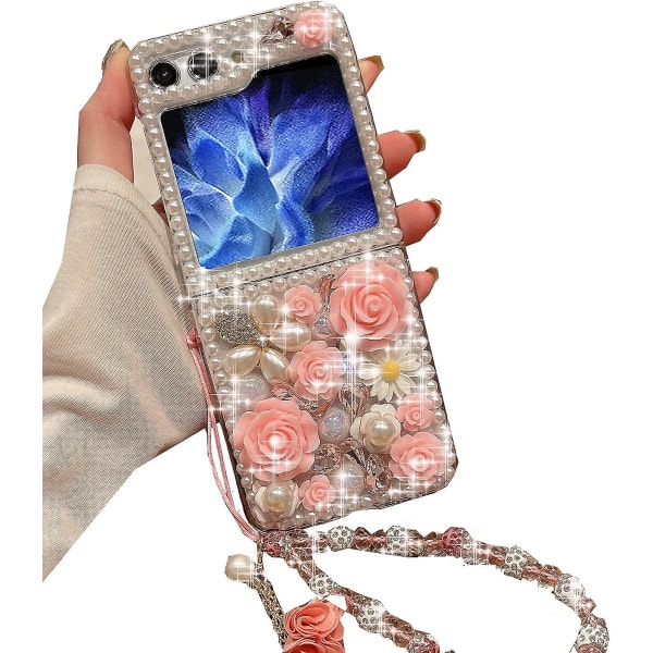Z Flip 5 Glitter Bling Case, 3d Crystal Rhinestone Diamond Flowers Pearl Case För Samsung Galaxy Z Flip 5 Med handledsrem Pink For Galaxy Z Flip 5