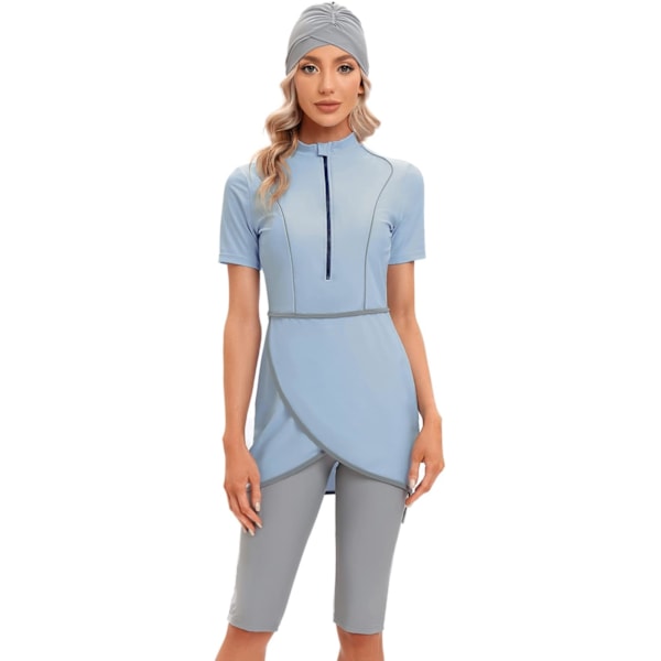 Kvinnors blygsamma muslimska badkläder arabiska islamiska burkini baddräkt kortärmad dragkedja framtill baddräkt med korta byxor hijab 3pcs tankini