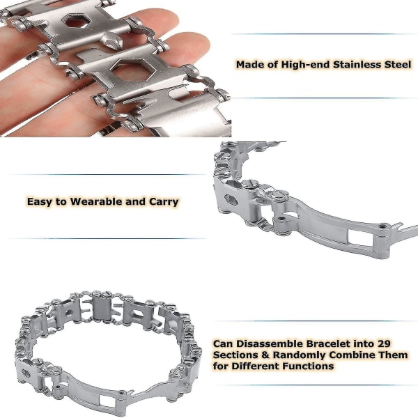 Multifunktionelt værktøjsarmbånd 29 i 1 rustfrit stål udendørs overlevelsesarmbånd til nødsituationer Silver