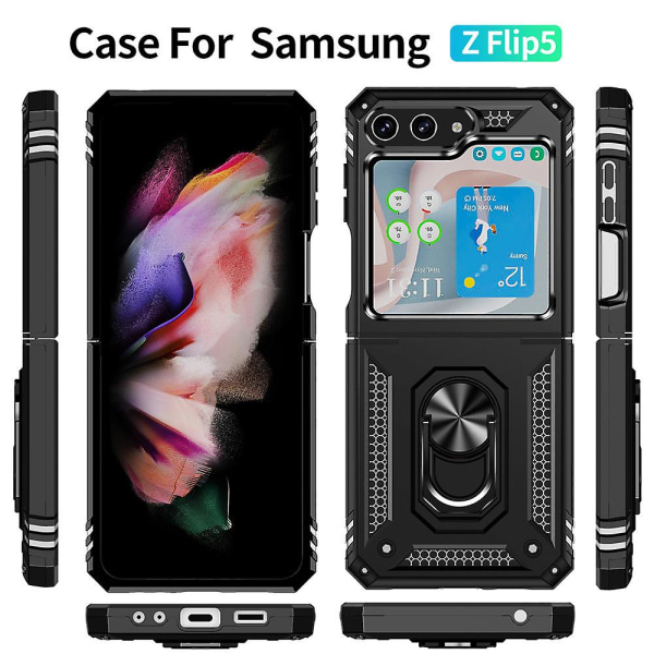 Z Flip 5 case, sotilasluokan putoamisen estävä case , yhteensopiva Samsung Galaxy Z Flip 5 -puhelimelle, jossa rengaspidike ja saranasuoja Black For Galaxy Z Flip 5