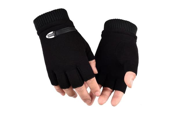 Vinter sorte varme handsker i uld med halve fingre - L