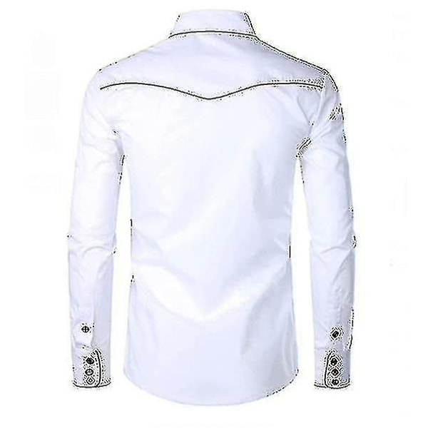 Herr Western Cowboy Skjorta Broderad Långärmad Casual Slim Fit Button Down Skjorta white L