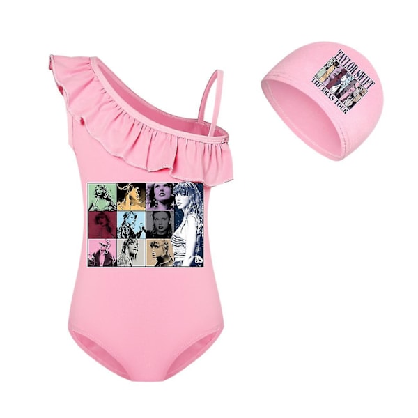 7-14 år Taylor Swift The Eras Tour badedrakt badedrakt med badehette en skulder volang badedrakt for strandbasseng barn jenter pink 9-10 years old