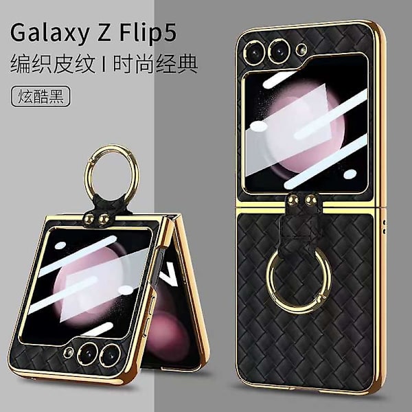 Til Samsung Galaxy Z Flip 5 Etui, Z Flip 5 Etui Med Skærmbeskytter & Ringholder Pu Læder Hard Z Flip 5 Cover Black