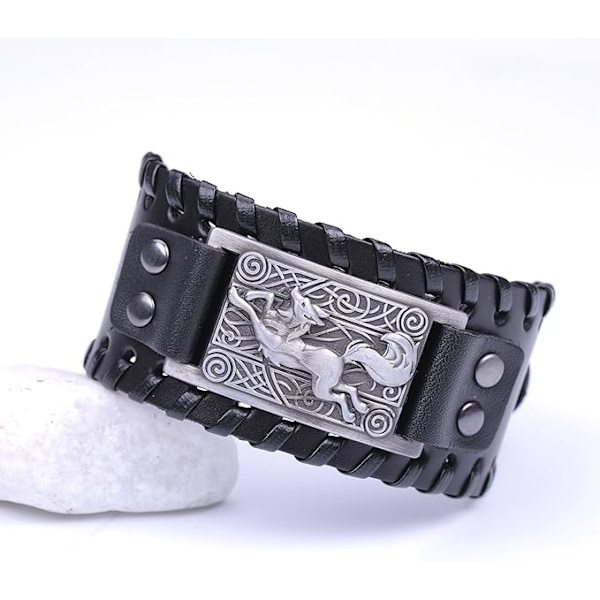 Keltisk knut Viking räv läder manschett armband justerbar svart