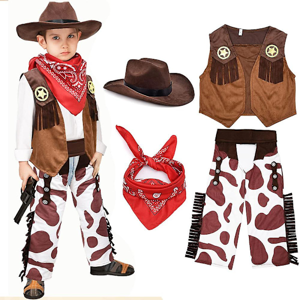 Børns Western Rodeo Cowboy eller Cowgirl Klassisk Kostumesæt - Vest, Brun Hat, Bandana 110