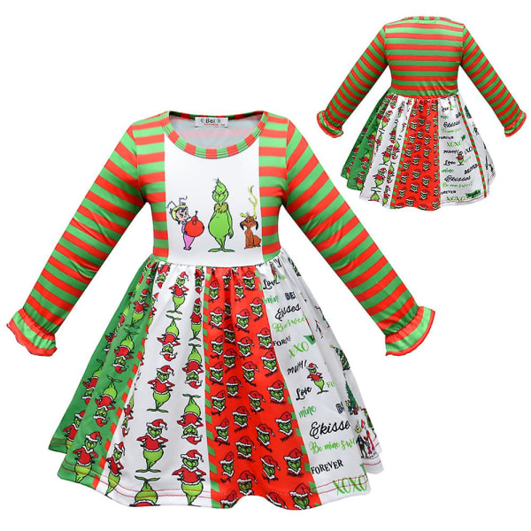 Jule Grinch Print Børne Piger Swing A-line Kjole Jul Fødselsdagsfest Kostume 3-4 Years