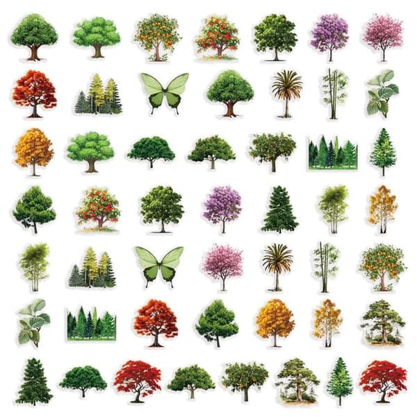100-pack Nature Stickers | 8 Themes PET Decals | Waterproof Decor for Laptop, Suitcase, Water Bottle (Tree Style) Tree 2 Set Trees
