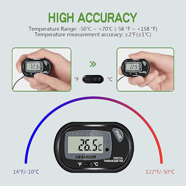 2 stk. digitalt LCD-akvarie termometer med sugekopper og vanntett sonde for akvarium, fisketank, reptilterrarium