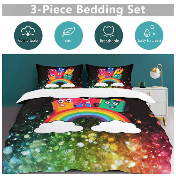 x469 Numberblocks -pussilakanasetti, mikrokuituinen vuodevaatesetti, 3D-painettu kevyt 3-osainen peittosetti, 1 pussilakana ja 2 tyynyliinaa lapsille pojille 135x200cm 53x78in