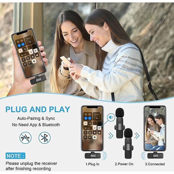 Trådløs Lavalier-mikrofon for telefon (usb-c), trådløs dobbel mikrofon for videoopptak, direktestrømming, vlog, Youtube, Tiktok, Facebook, Zoom - Noi