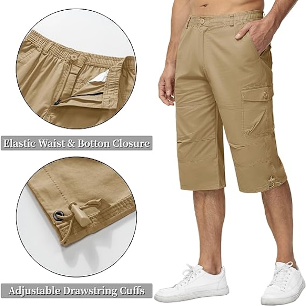 Herre Casual Twill Elastisk 3/4 Cargo Shorts Løs Pasform Multi-Pocket Capri Lange Korte Bukser XXL Khaki