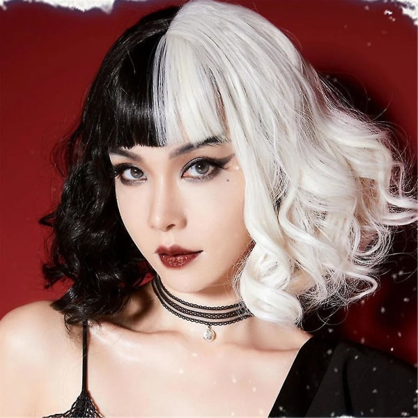 Cruella Devil Cosplay Paryk Halv Sort Og Hvid Til Kvinder Cosplay Tilbehør, Kort Bølget Bob Halloween Paryk Med Pandehår
