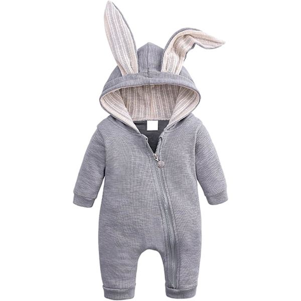 Unisex bomullsspädbarns baby sparkdräkter långärmade kaninöron dragkedja kaninpyjamas för 0-18 månader bebisar 80 Gray