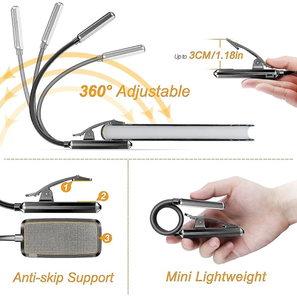 9 LED-boglampe, Gritin 3 øjenbeskyttende tilstande læselampe boglampe (varm og koldt hvidt lys) - trinløs dæmpning, genopladelig, lang batterilevetid