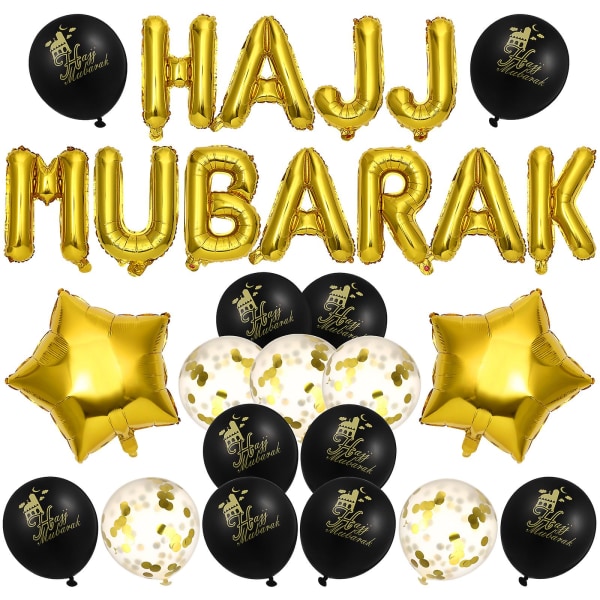 HAJJ MUBARAK bokstav lateksballonger dekorative festlige bakgrunnslayout ballonger sett for Eid Al-Fitr (svart og gull)