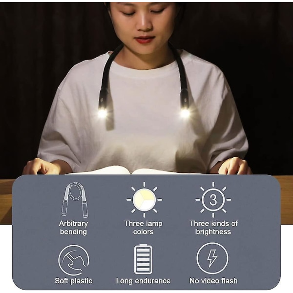 LED-halsläslampa, handsfree-boklampor för läsning på natten, USB-uppladdningsbar (svart)  Hy