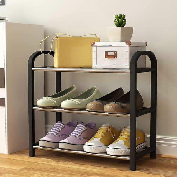 Small 3-Tier Shoe Rack Lightweight Multifunctional Organizer Metal Stackable Standing Shoe Rack for Closet Living Room Bedroom B
