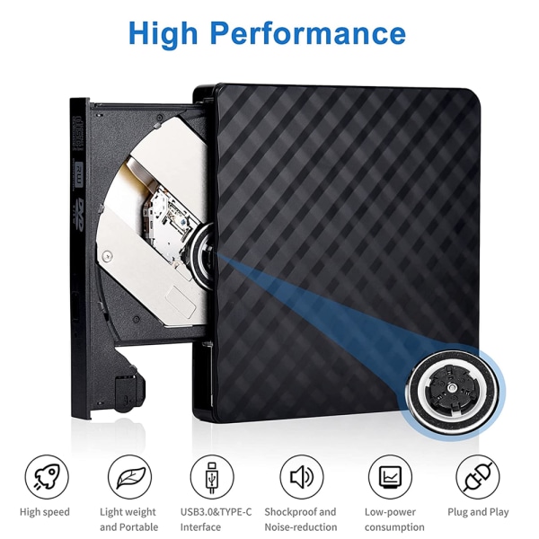 Ekstern DVD-drev, USB 3.0 Type-C brænder, læser, bærbar til pc, bærbar computer, stationær computer, MacBook, Mac, Windows 7/8/10
