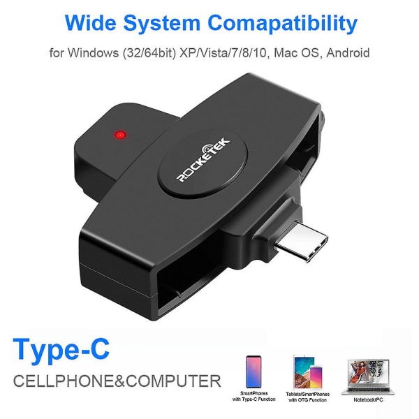 Typ-c Smart Card Sim-kortläsare Wide System kompatibelt med Windows (32/64 bitar) Xp/vista/7/8/10, Mac Os, Android, mobiltelefon