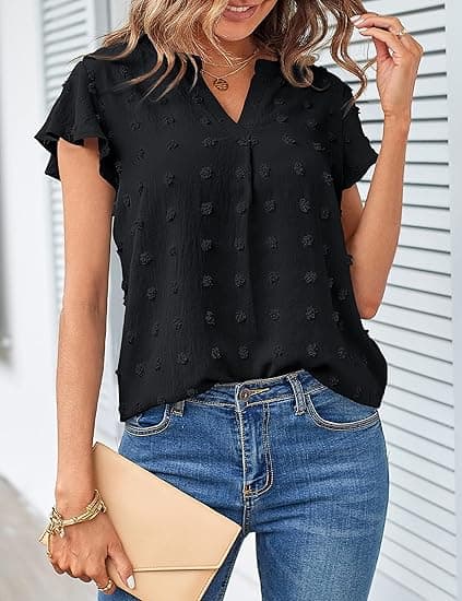 Halsruffle Kortermet Bluse Swiss Dot Flowy Skjorte