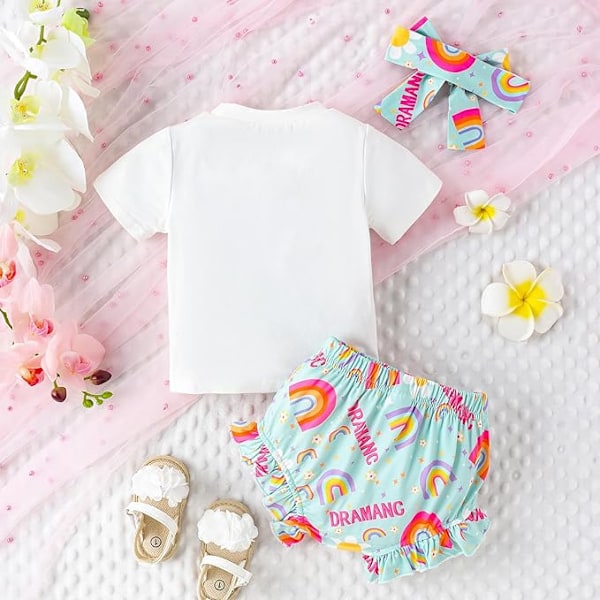 Sommer Tøj til Piger 2PCS Sød Ærme T-shirt Shorts Hårbånd Sæt Nyfødt Baby Pige Outifs 3-6M White