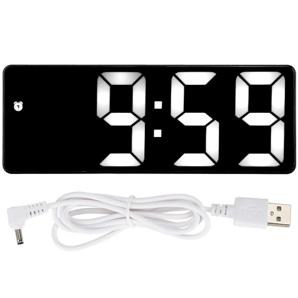 LED Mirror Alarm Clock USB Electronic Digital Table Rechargeable Mirror Decoration Accessories Rectangular Black Exterior White Lamp