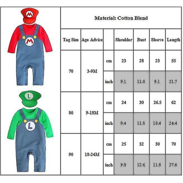 Super Mario Bros Baby Cosplay Crawling Suit Romper Jumpsuit Mario Luigi Cosplay Kostume Hat Sæt Red 18-24M