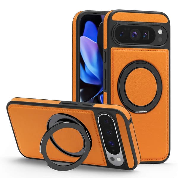 Compatible with Google Pixel 10 Pro XL Case with Ring Stand Compatible with MagSafe PU Leather Back Orange Orange Orange