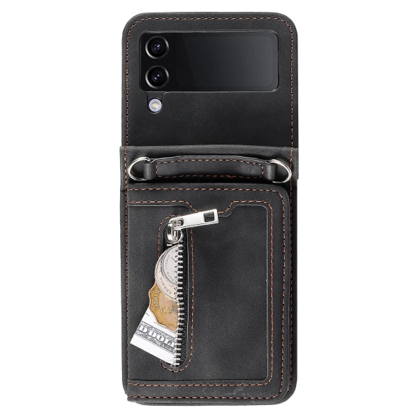 For Samsung Galaxy Z Flip4 5g Etui Kortholder Pu Lær Stativ Telefondeksel Med Håndstropp Black