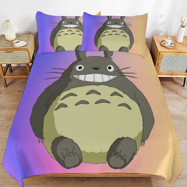 x24 Min Nabo Totoro Dynebetræk Mikrofiber Sengelinned Sæt 3D Printet Letvægts 3 Dele Dynesæt, 1 Dynebetræk og 2 Pudebetræk til Børn 135x200cm 53x78in